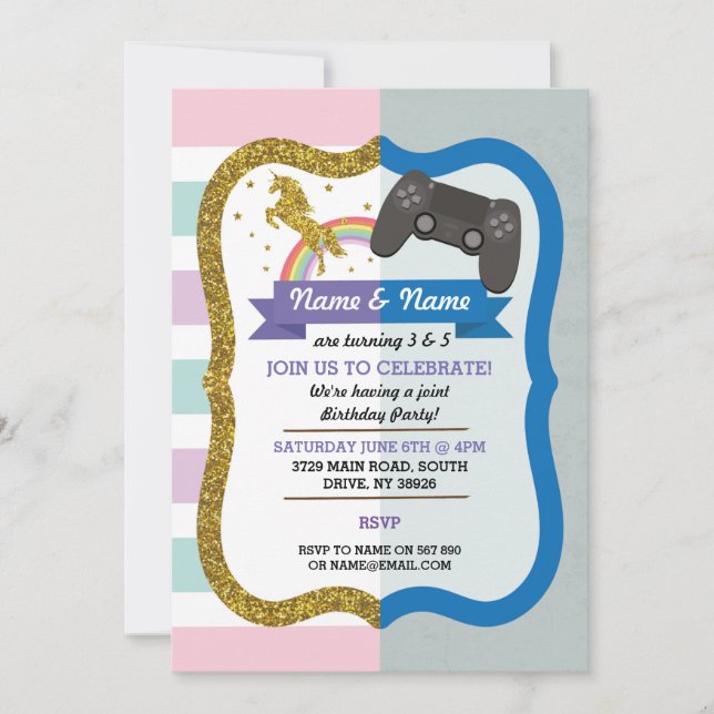 Unicorn & Gaming Joint Boy Girl Birthday Invites (Front)