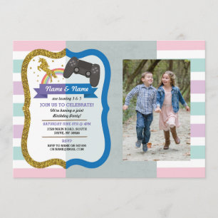 Unicorn & Gaming Joint Boy girl Birthday Photos Invitation