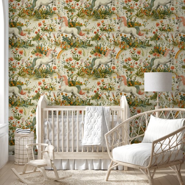 Unicorn garden on white wallpaper (Kids)