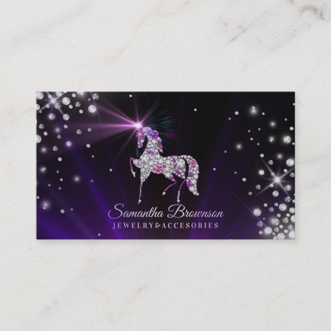 Unicorn gems diamonds jewellery purple business card (Front)