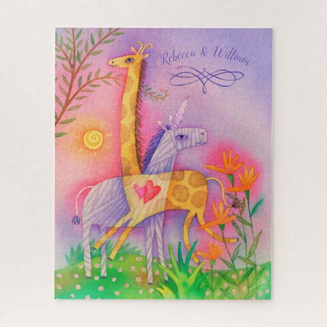 Unicorn Giraffe Safari Love Monogrammed Jigsaw Puzzle (Vertical)