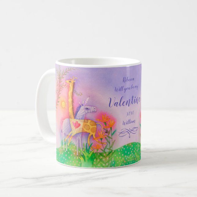 Unicorn Giraffe Safari Love Valentines Coffee Mug (Front Left)
