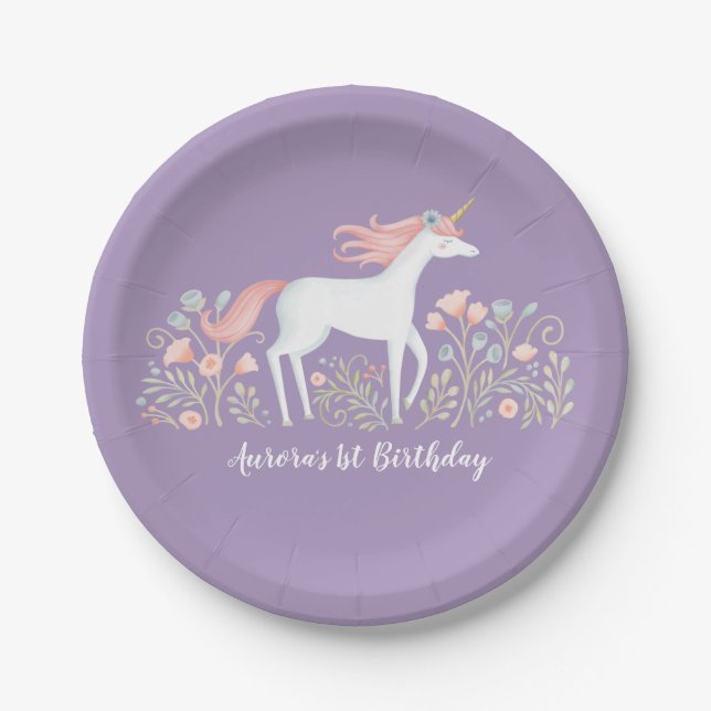 Unicorn Girl 1st Birthday pink purple Paper Plate (Front)