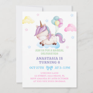 Unicorn Girl 6th Birthday Rainbow Party Invitation