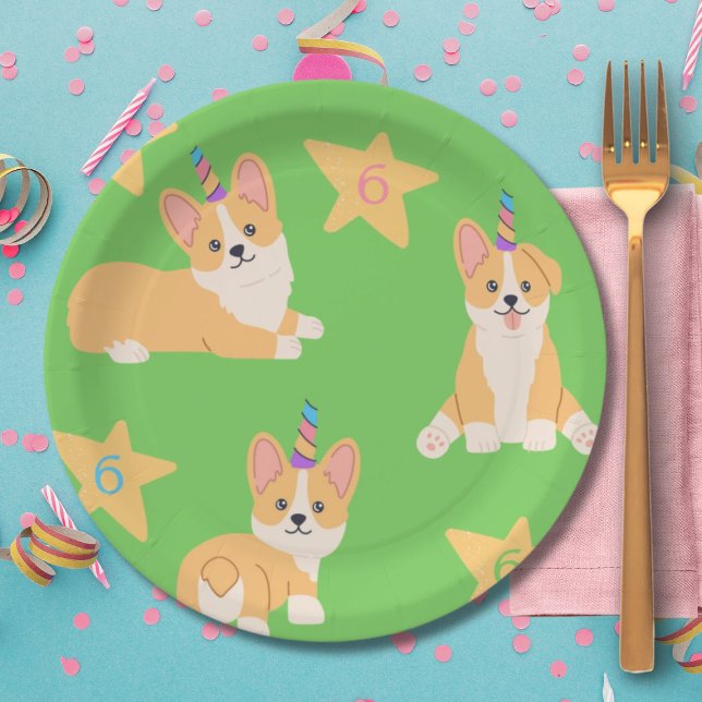 Unicorn Girl Birthday, Corgi Custom Age Paper Plate (Creator Uploaded)