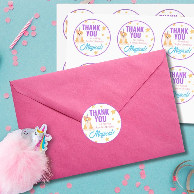 Unicorn Girl Birthday, Corgi Party  Classic Round Sticker (Creator Uploaded)