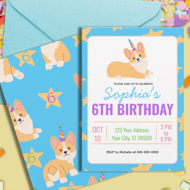 Unicorn Girl Birthday, Corgi Party  Invitation (Creator Uploaded)