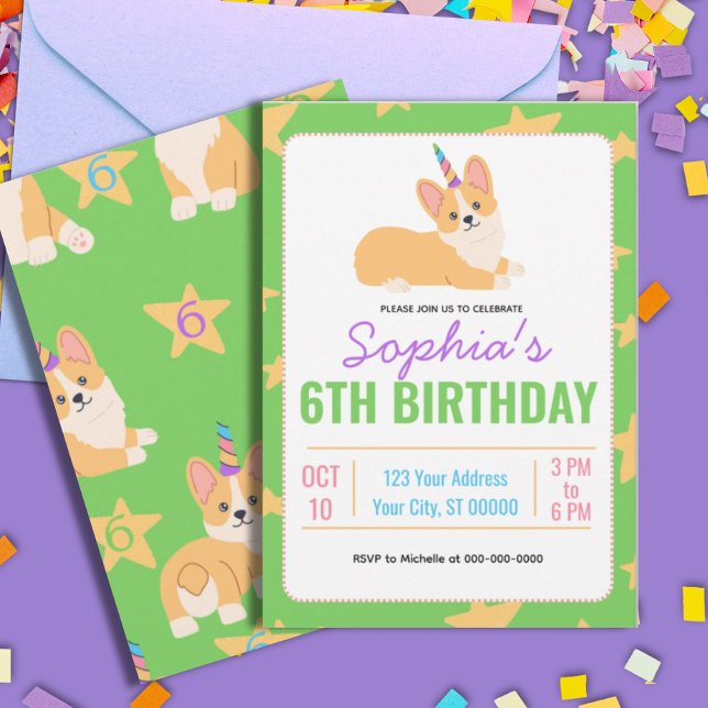 Unicorn Girl Birthday, Corgi Party  Invitation (Creator Uploaded)
