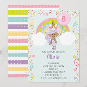 Unicorn Girl Birthday Invite Any Age Dark Skin