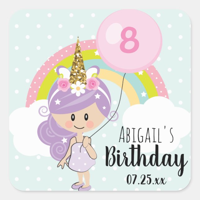 Unicorn Girl Birthday Party Thank You Square Sticker (Front)