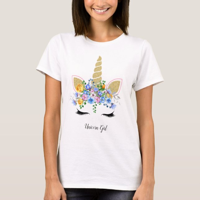 Unicorn Girl Cute Gold Glitter Blue Floral Outfit T-Shirt (Front)