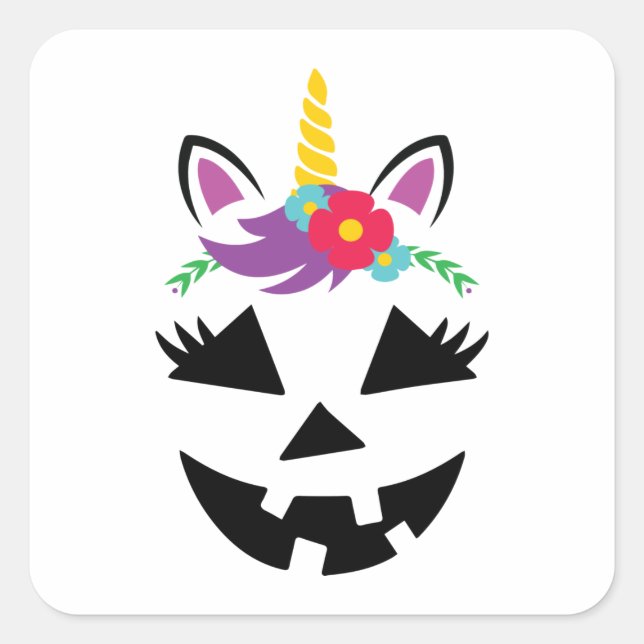 Unicorn Girl Jack o Lantern Pumpkin Face Halloween Square Sticker (Front)