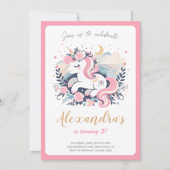 Unicorn Girl Magical Pastel Pink Birthday Party Invitation (Front)