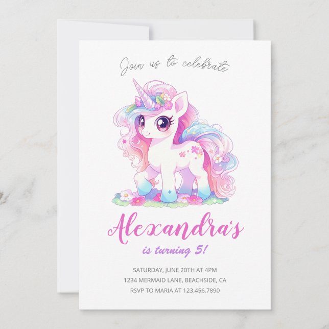 Unicorn Girl Magical Pastel Pink Birthday Party Invitation (Front)