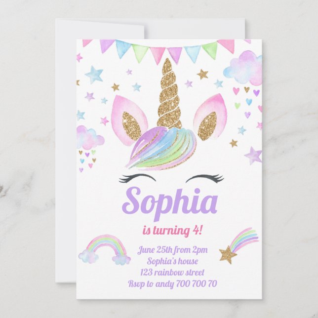 Unicorn Girl Magical Pastel Rainbow Pink Birthday Invitation (Front)