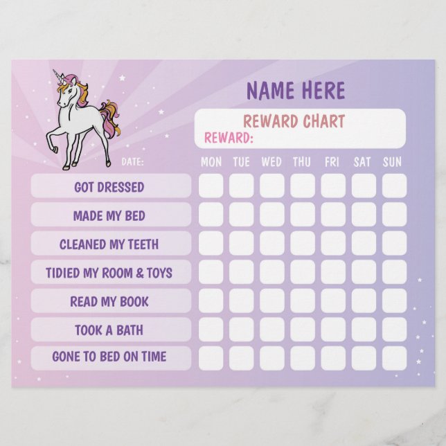 Unicorn Girl Reward Chart Personalised Planner Flyer (Front)