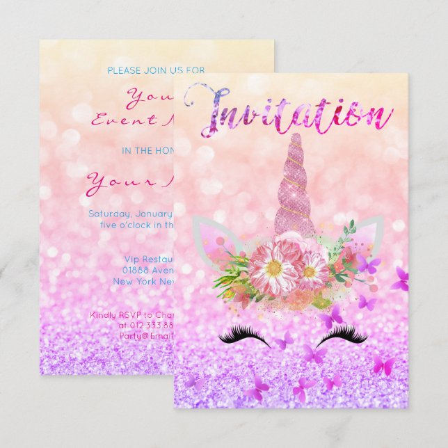 Unicorn Girl Rose Pink Glitter Lashes Rainbow Glam Invitation (Front/Back)