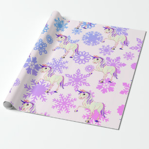 Unicorn Girl Whimsical Pink Cute Snowflakes Wrapping Paper