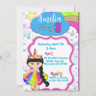 Unicorn girls 3rd birthday party invitation