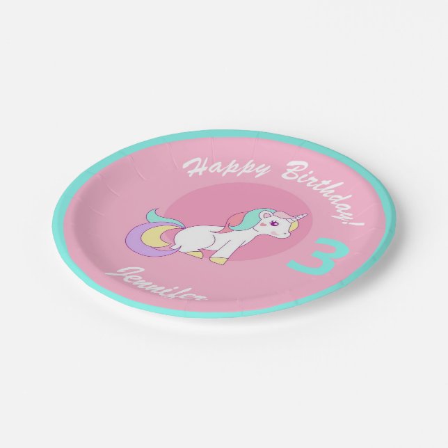 Unicorn Girls Birthday Pink Name & Age Cute Party Paper Plate (Angled)