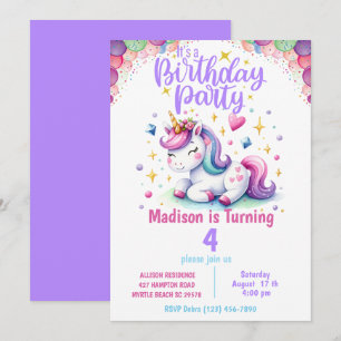 Unicorn Girls Rainbow Colours  Birthday Invitatio Invitation