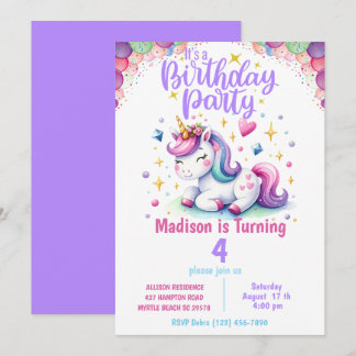  Unicorn Girls Rainbow Colours  Birthday Invitatio Invitation