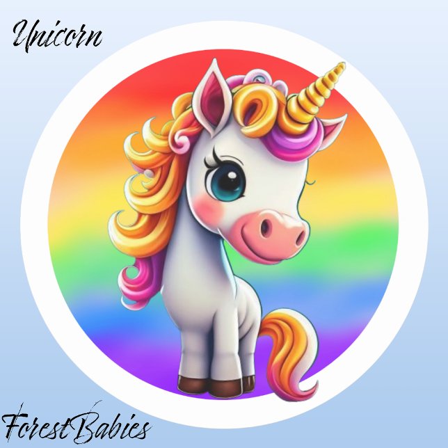 Unicorn 🌈🦄 Girly Animal, Colourful Rainbow Desig Classic Round Sticker (Unicorn, Rainbow ForestBabies Sticker)