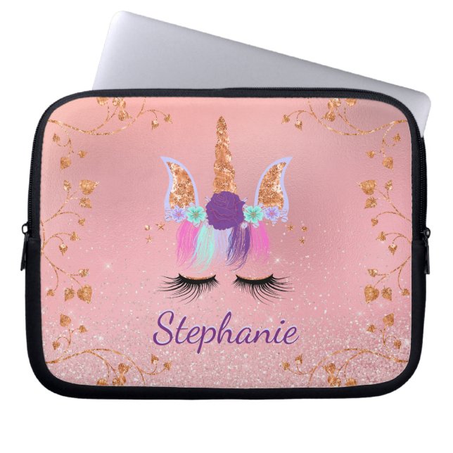 Unicorn Girly Blush Pink Glitter Monogram Laptop Sleeve (Front)