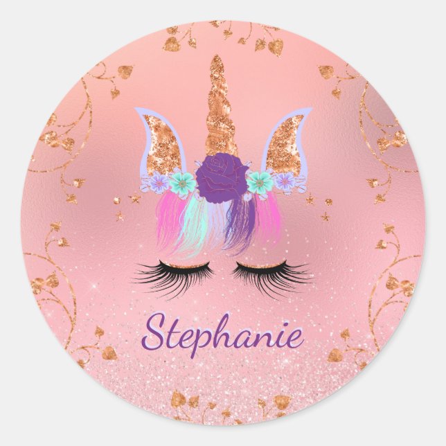 Unicorn Girly Blush Pink Glitter Rose Gold Classic Round Sticker (Front)