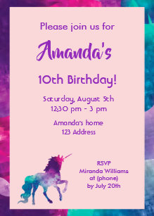Unicorn Girly Fantasy Pink Purple 10th Birthday Invitation Unicorn Girly Fantasy Pink Purple 10th Birthday Invitation