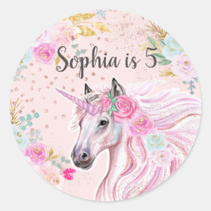 Unicorn Girly Pink Floral Gold Glitter Name Age Classic Round Sticker