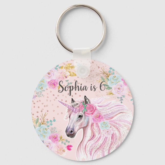 Unicorn Girly Pink Floral Gold Glitter Name Age  Key Ring (Front)