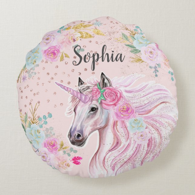Unicorn Girly Pink Floral Gold Glitter Name Age  Round Cushion (Back)