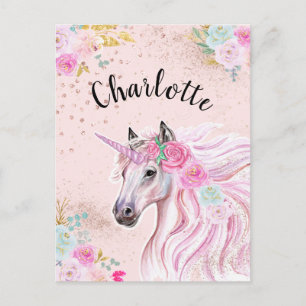 Unicorn Glam Pink Teal Floral Gold Glitter Name Postcard
