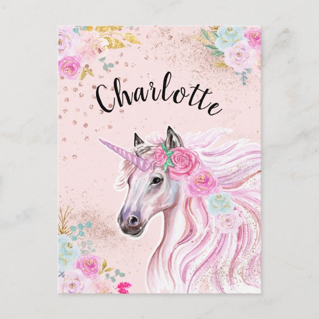 Unicorn Glam Pink Teal Floral Gold Glitter Name Postcard (Front)