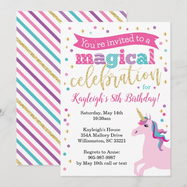 Unicorn Glitter Birthday Party Invitation (Front/Back)