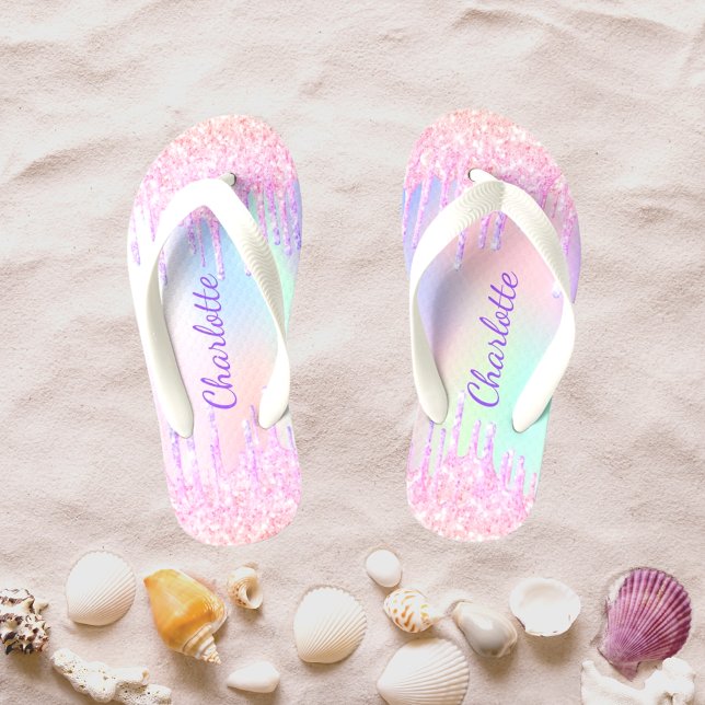 Unicorn glitter drips name girly holographic kid's flip flops (Creator Uploaded)