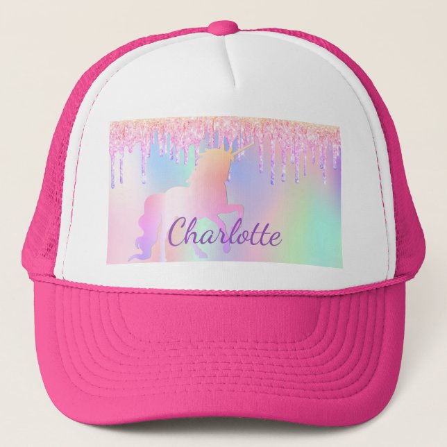 Unicorn glitter drips name holographic girly trucker hat (Front)