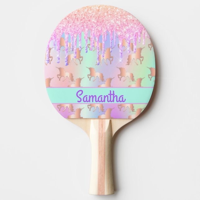 Unicorn glitter drips pink girl name ping pong paddle (Front)
