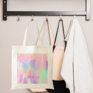 Unicorn glitter drips pink purple name tote bag