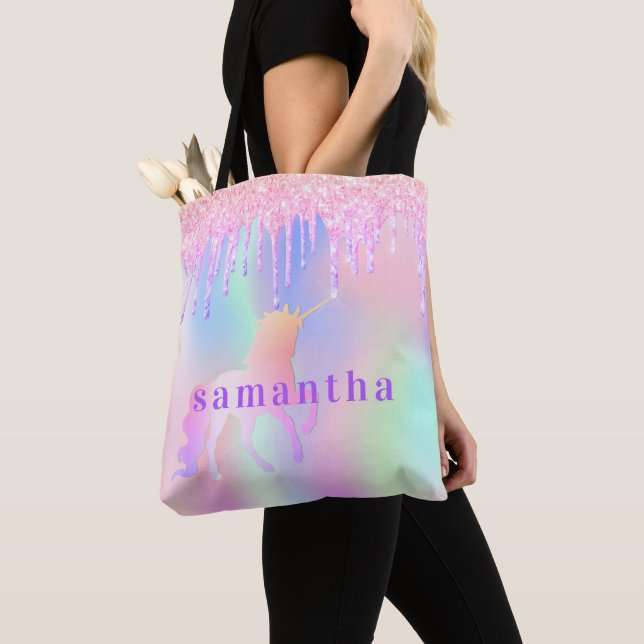 Unicorn glitter drips pink purple name tote bag (Close Up)
