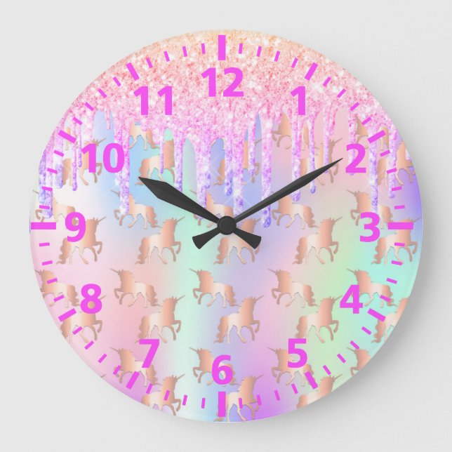 Unicorn glitter drips pink purple rainbow large clock (Front)
