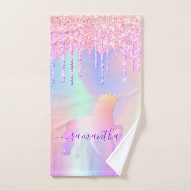 Unicorn glitter drips rainbow name bath towel set (Hand Towel)