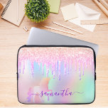 Unicorn glitter drips rainbow name iridescent laptop sleeve<br><div class="desc">A trendy iridescent rainbow coloured background with unicorn and rainbow pastel colours in pink, purple, rose gold, mint green. Decorated with faux glitter drips in rose gold, pink and purple. A rainbow coloured unicorn. Personalise and add a name, written with a large modern hand lettered style script with swashes. Purple...</div>