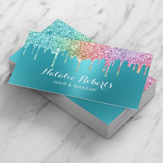 Unicorn Glitter Drips Teal Makeup Artist Salon Business Card (Creator Uploaded)