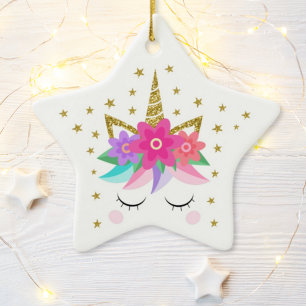 Unicorn Glitter Flowers Stars Personalised Ceramic Tree Decoration