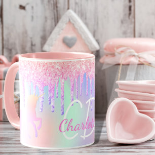 Unicorn glitter pink holographic monogram name mug