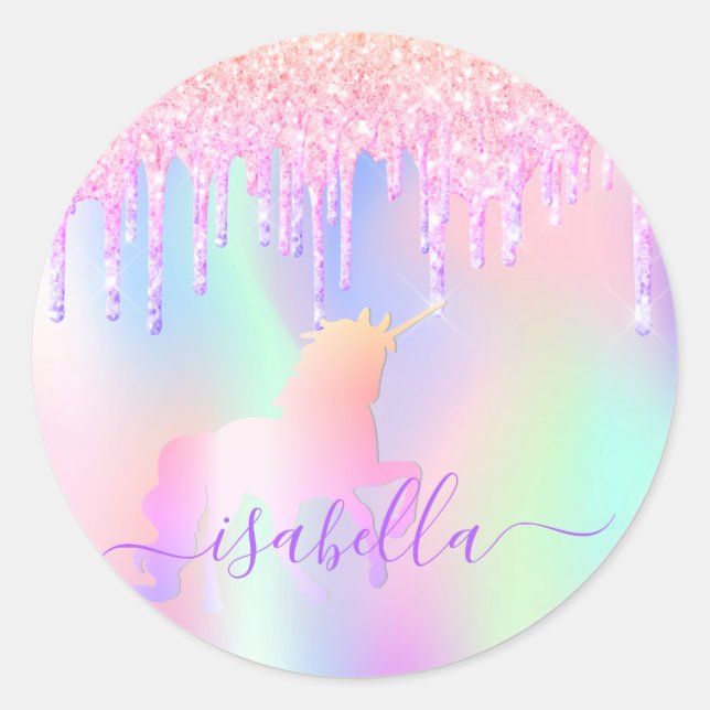 Unicorn glitter pink iridescent rose gold birthday classic round sticker (Front)