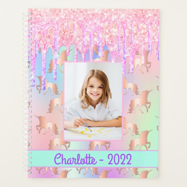 Unicorn glitter pink purple name photo 2023 planner (Front)