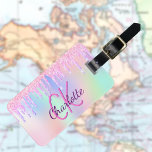 Unicorn glitter pink rainbow holographic monogram luggage tag<br><div class="desc">A trendy holographic coloured background with unicorn and rainbow pastel colours in pink,  purple,  rose gold,  mint green. Decorated with faux glitter drips in rose gold,  pink,  purple. Personalise and add a name on front.  Add your contact information on back.</div>